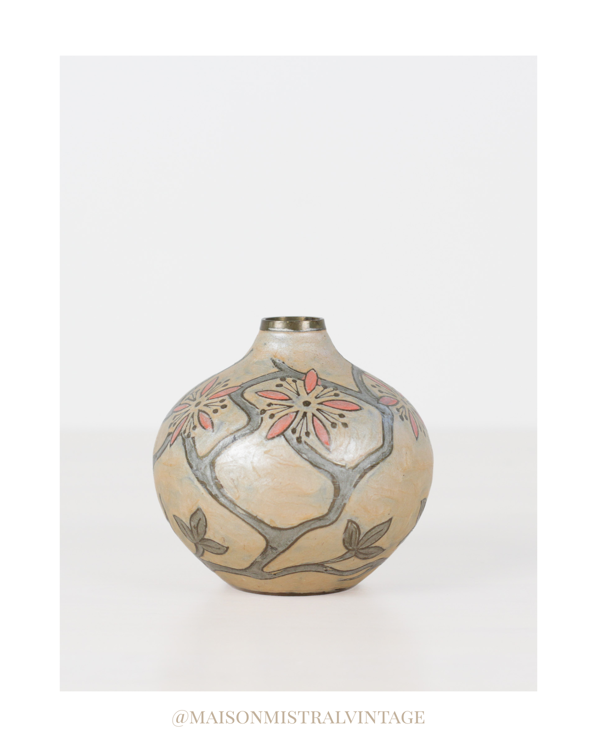 Vintage Floral Enameled Brass Bud Vase