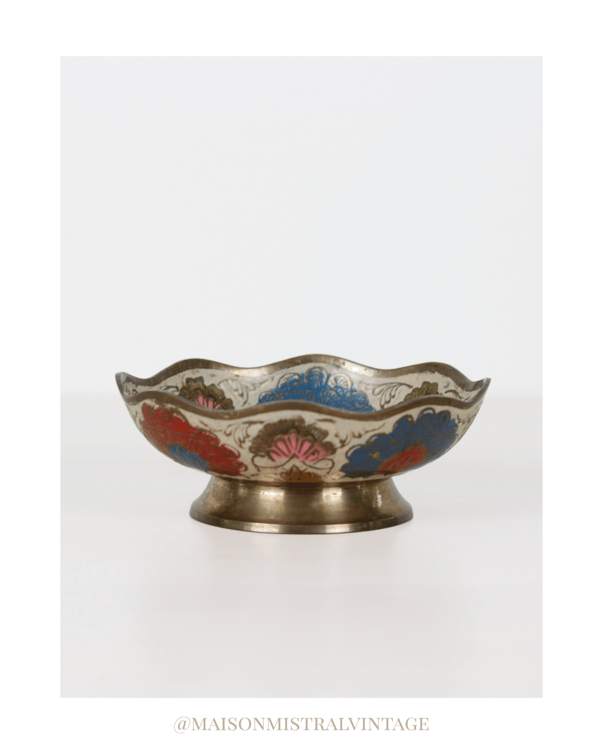 Vintage Enameled Brass Pedestal Bowl  with Hand Painted Florals
