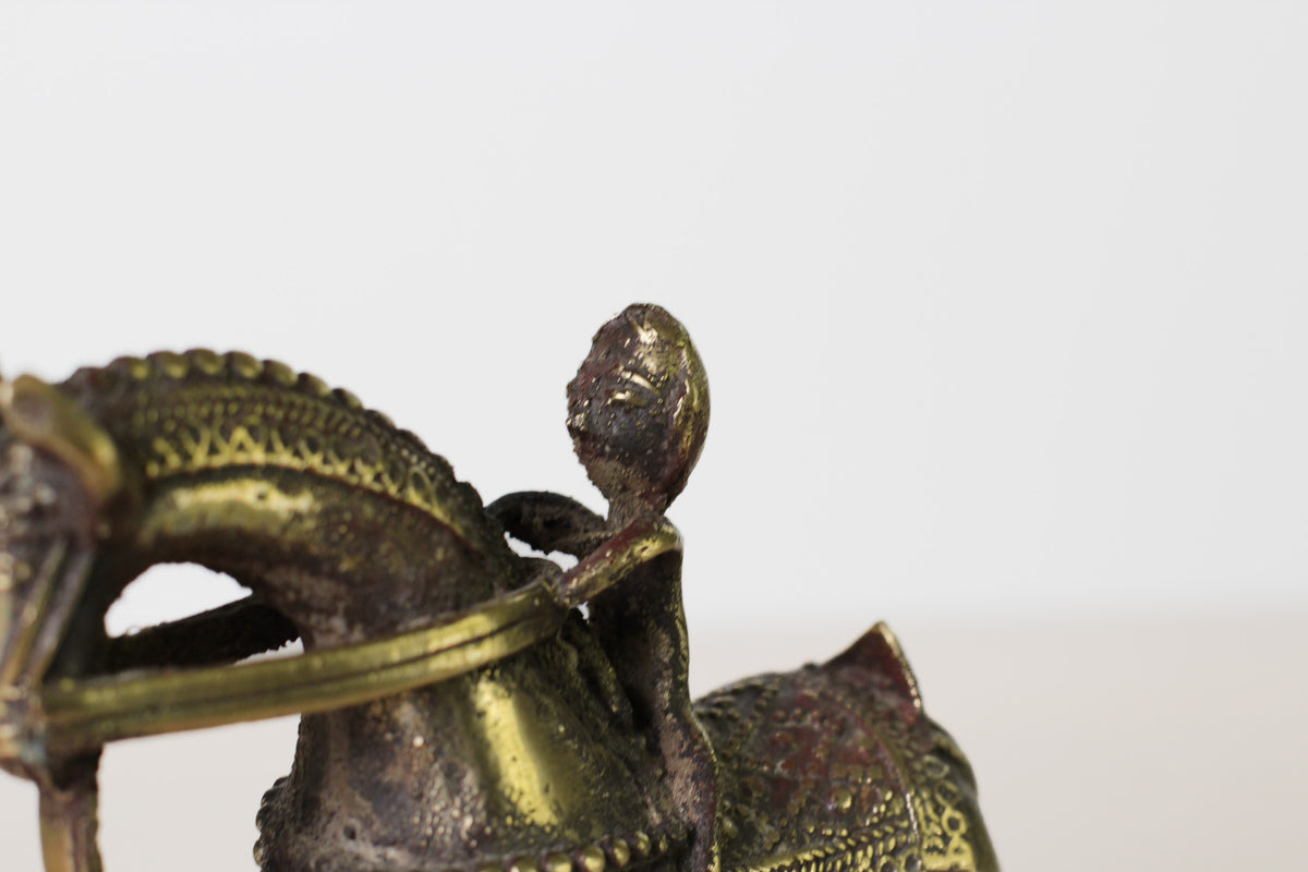 Antique Indian Brass Temple Horse on Wheels with Rider