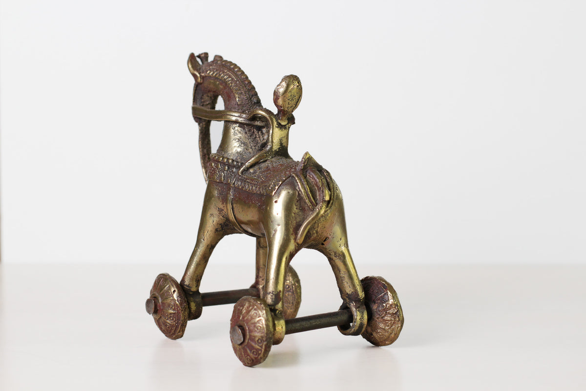 Antique Indian Brass Temple Horse on Wheels with Rider