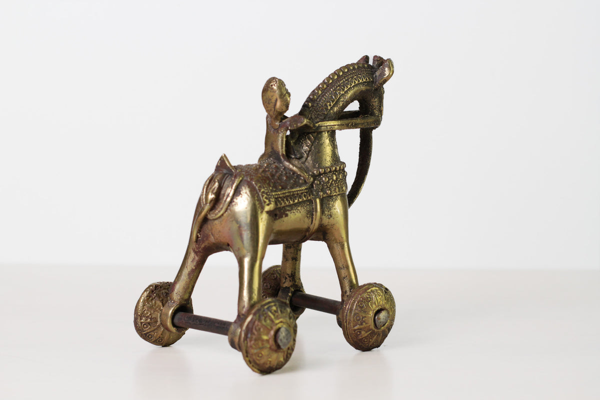 Antique Indian Brass Temple Horse on Wheels with Rider