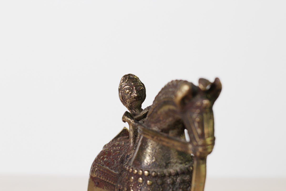 Antique Indian Brass Temple Horse on Wheels with Rider