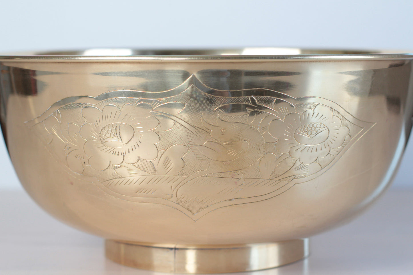 Large Vintage Brass Bowl with Etched Birds