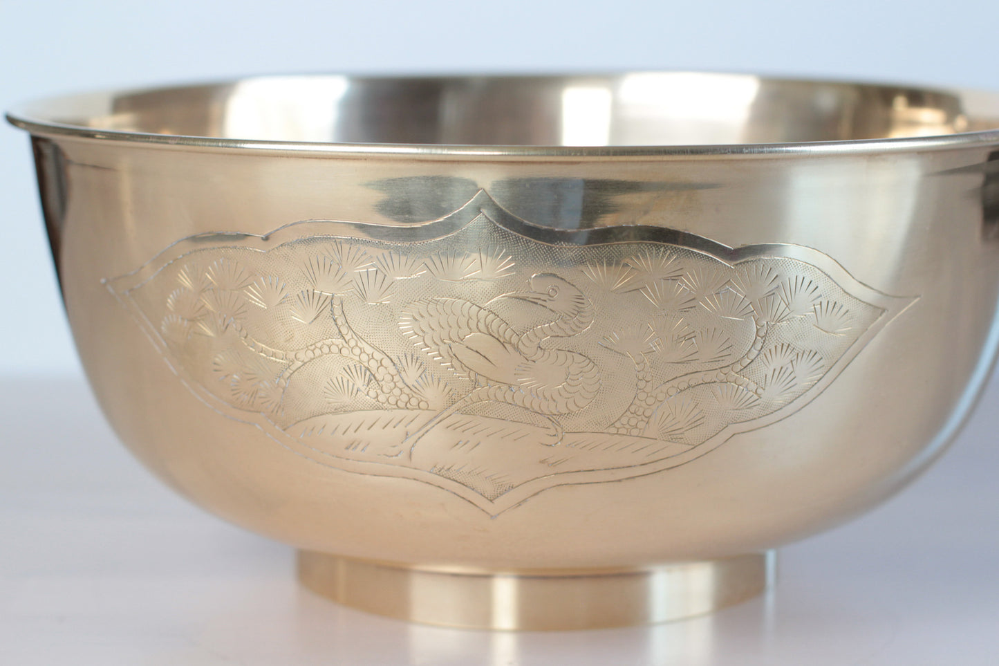Large Vintage Brass Bowl with Etched Birds
