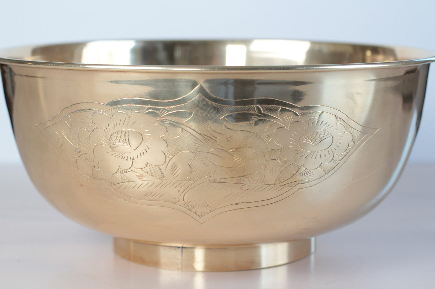 Large Vintage Brass Bowl with Etched Birds