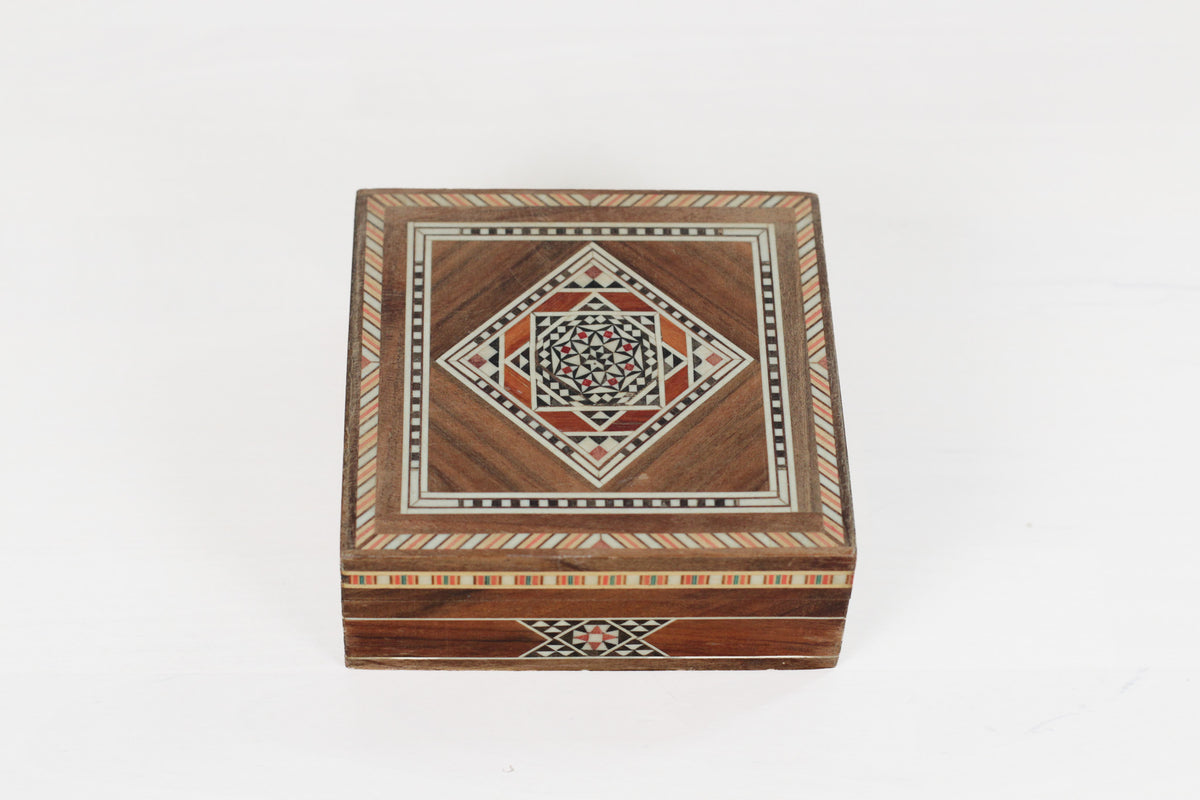 Vintage Wooden Marquetry Inlay Box with Red Velvet Lining