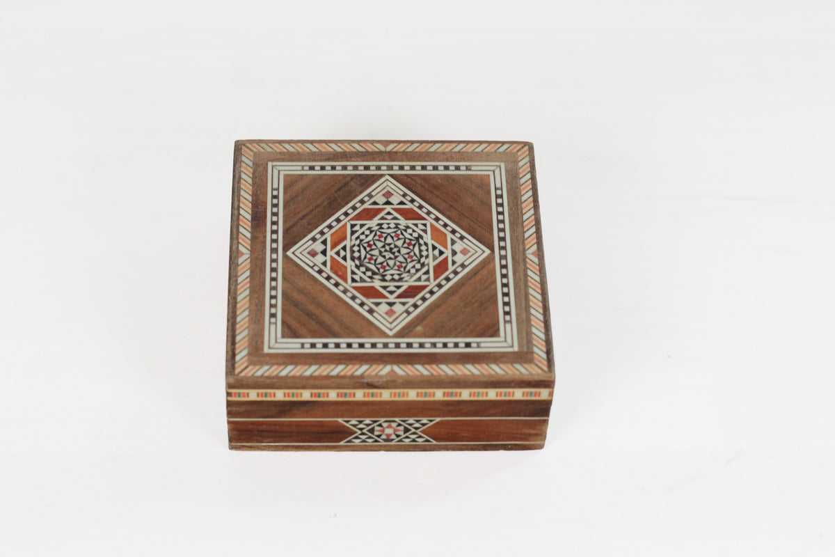 Vintage Wooden Marquetry Inlay Box with Red Velvet Lining