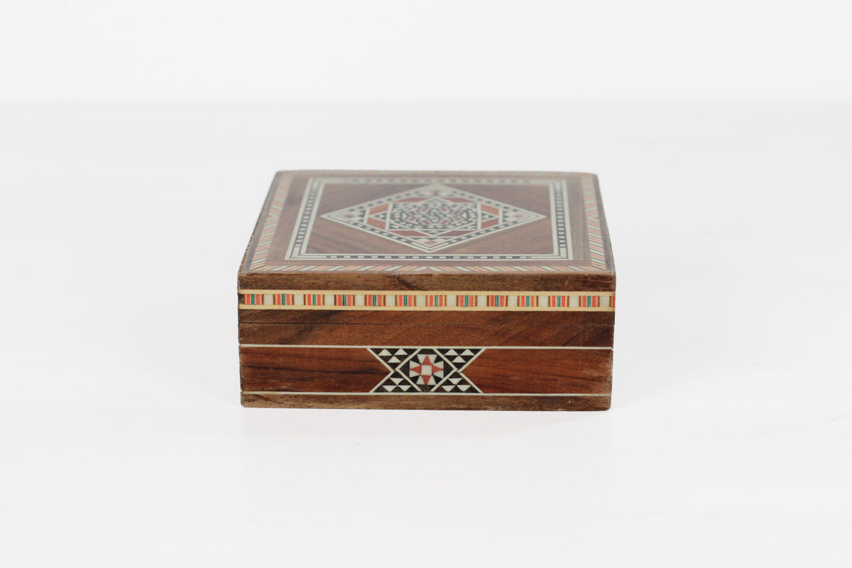 Vintage Wooden Marquetry Inlay Box with Red Velvet Lining