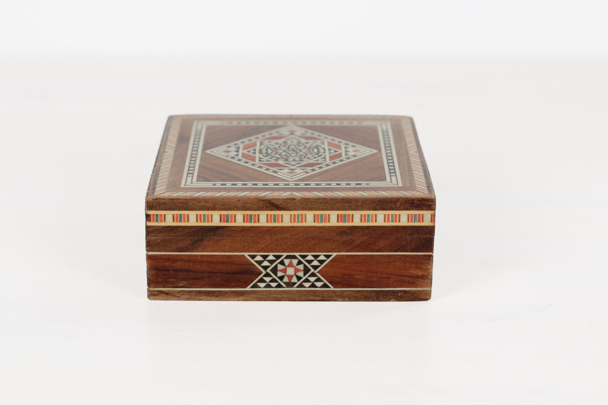 Vintage Wooden Marquetry Inlay Box with Red Velvet Lining