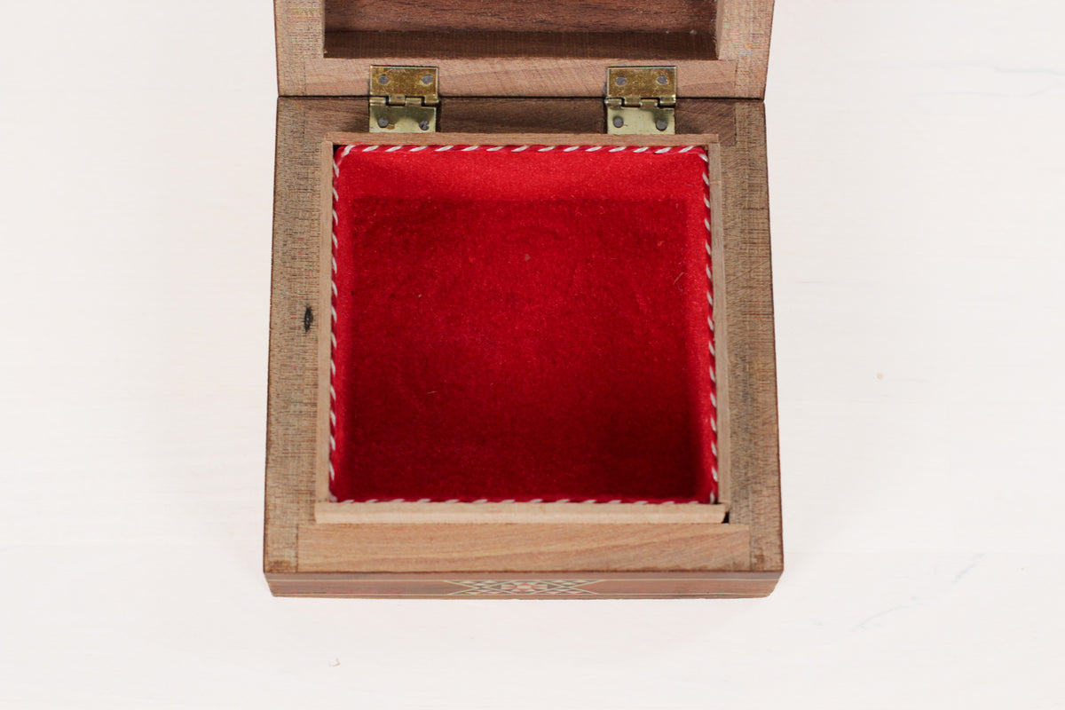 Vintage Wooden Marquetry Inlay Box with Red Velvet Lining