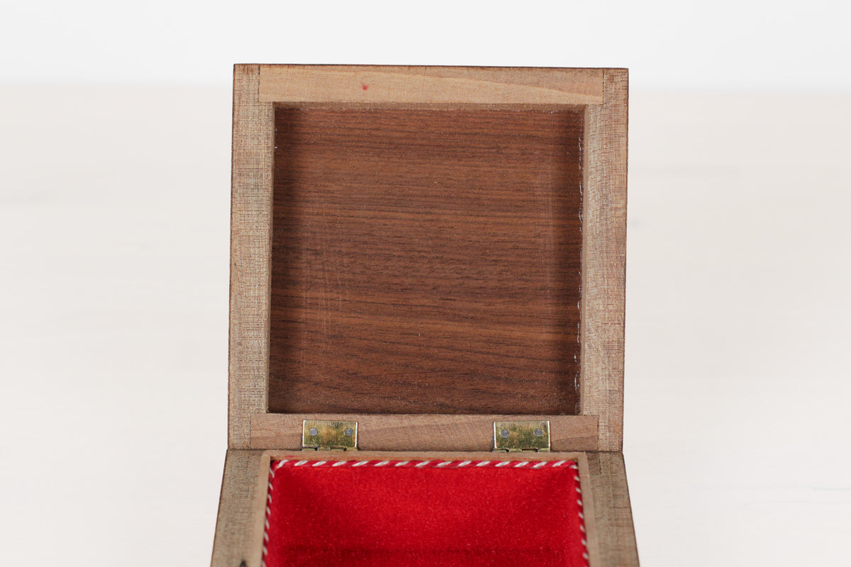 Vintage Wooden Marquetry Inlay Box with Red Velvet Lining