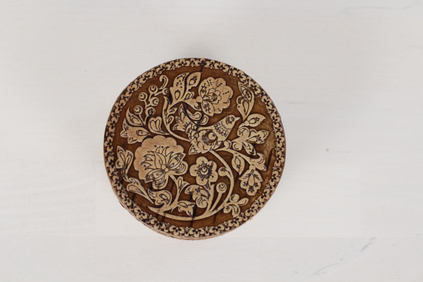 Vintage Russian Birch Bark Trinket Box with Bird Motif