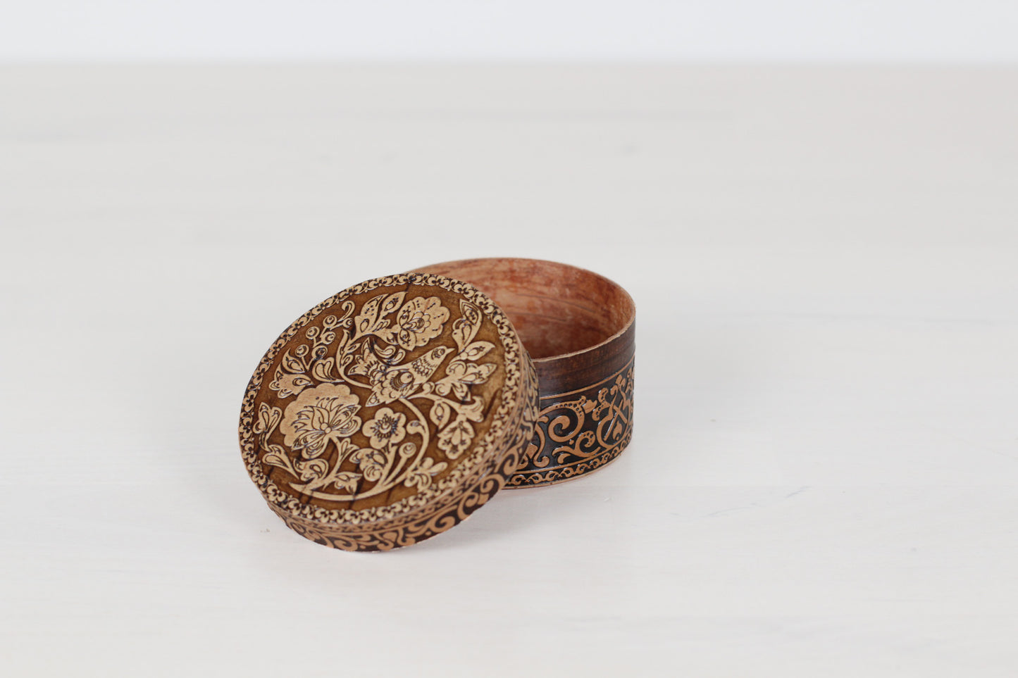 Vintage Russian Birch Bark Trinket Box with Bird Motif