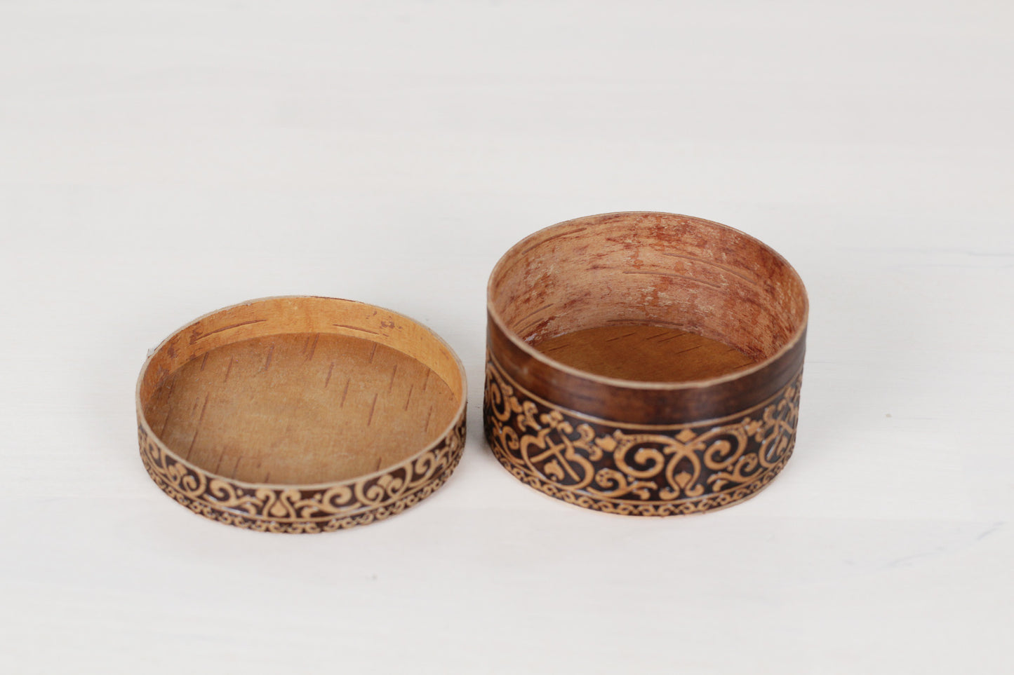Vintage Russian Birch Bark Trinket Box with Bird Motif