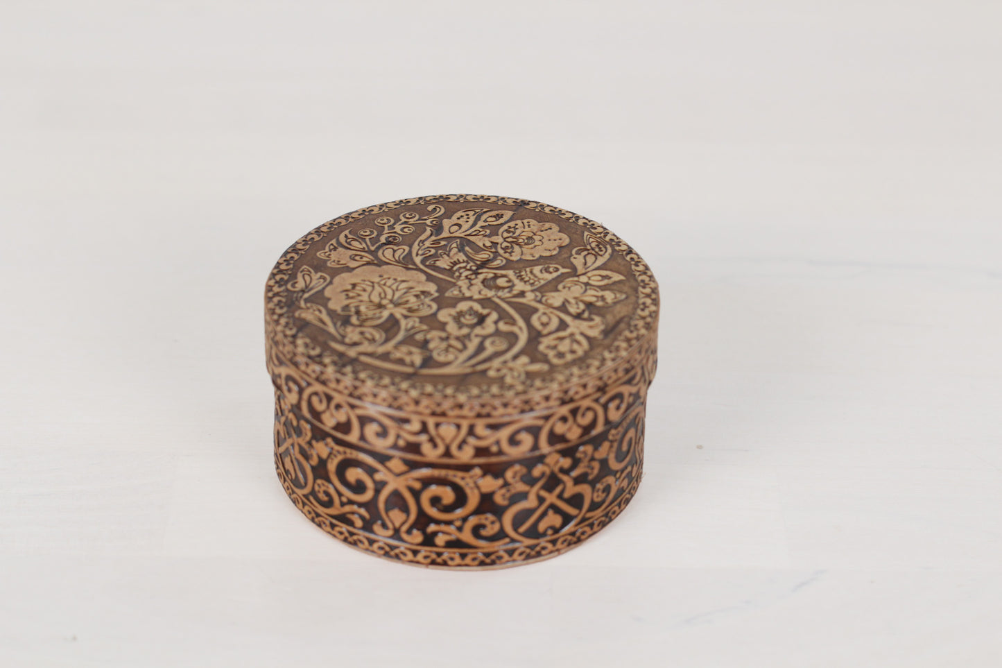 Vintage Russian Birch Bark Trinket Box with Bird Motif