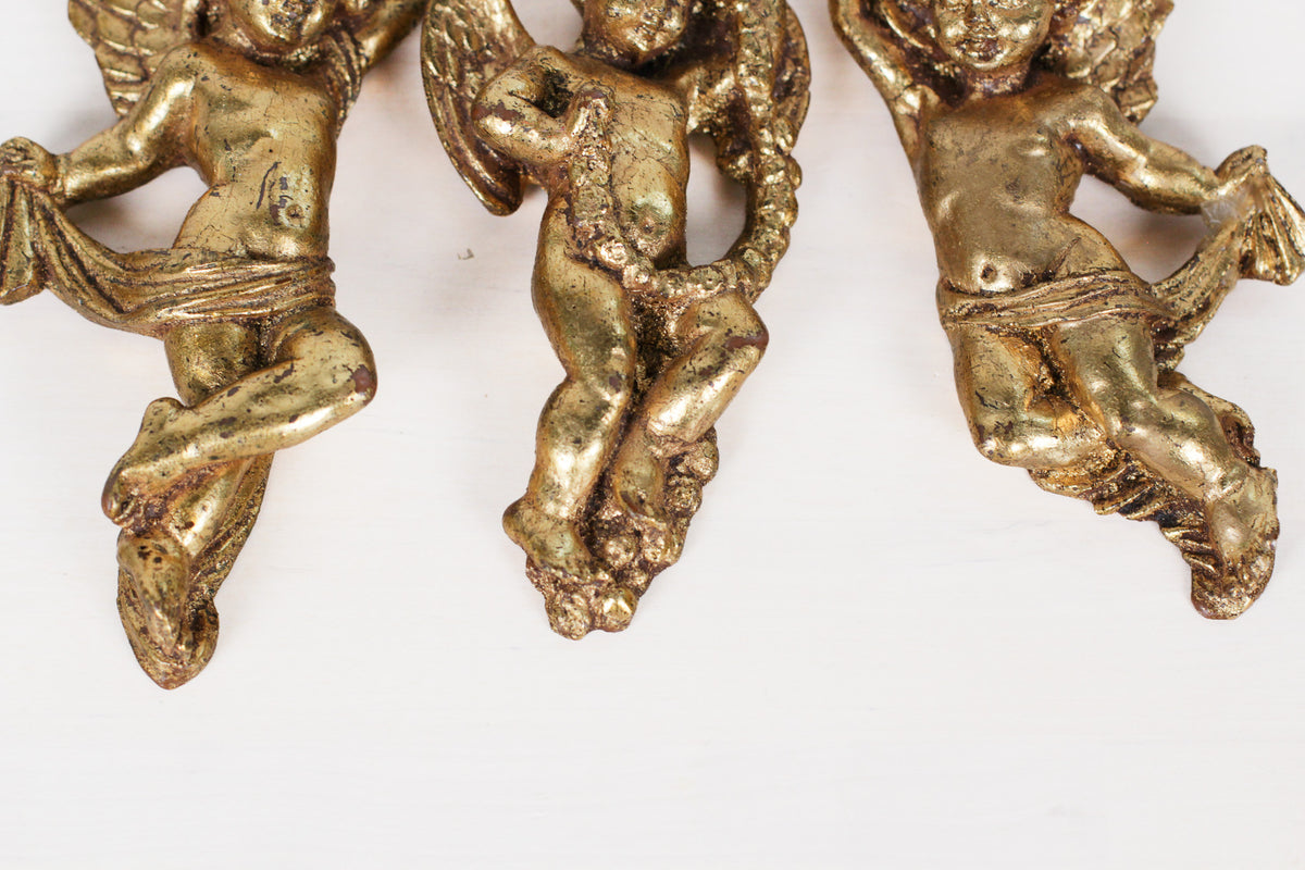 Vintage French Gold Leaf Cherub Wall Plaques, Set of 3