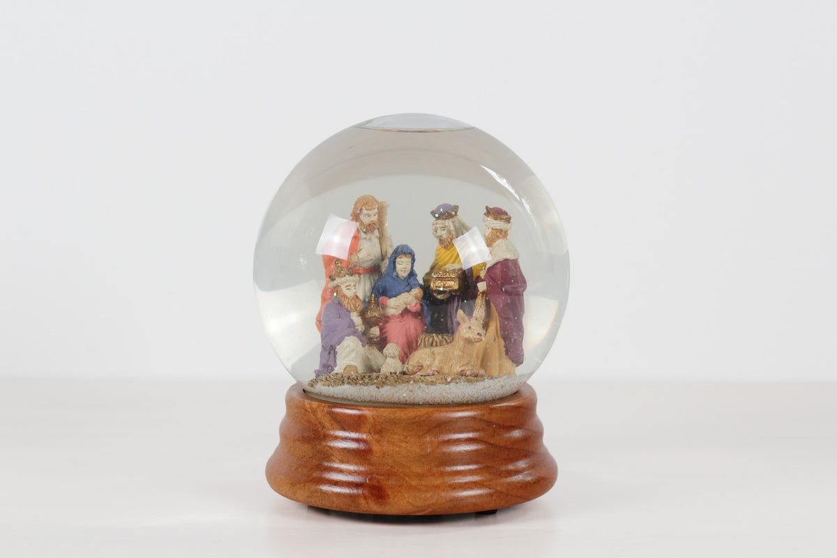 Vintage Nativity Musical Snow Globe on Wooden Base | Plays Silent Night
