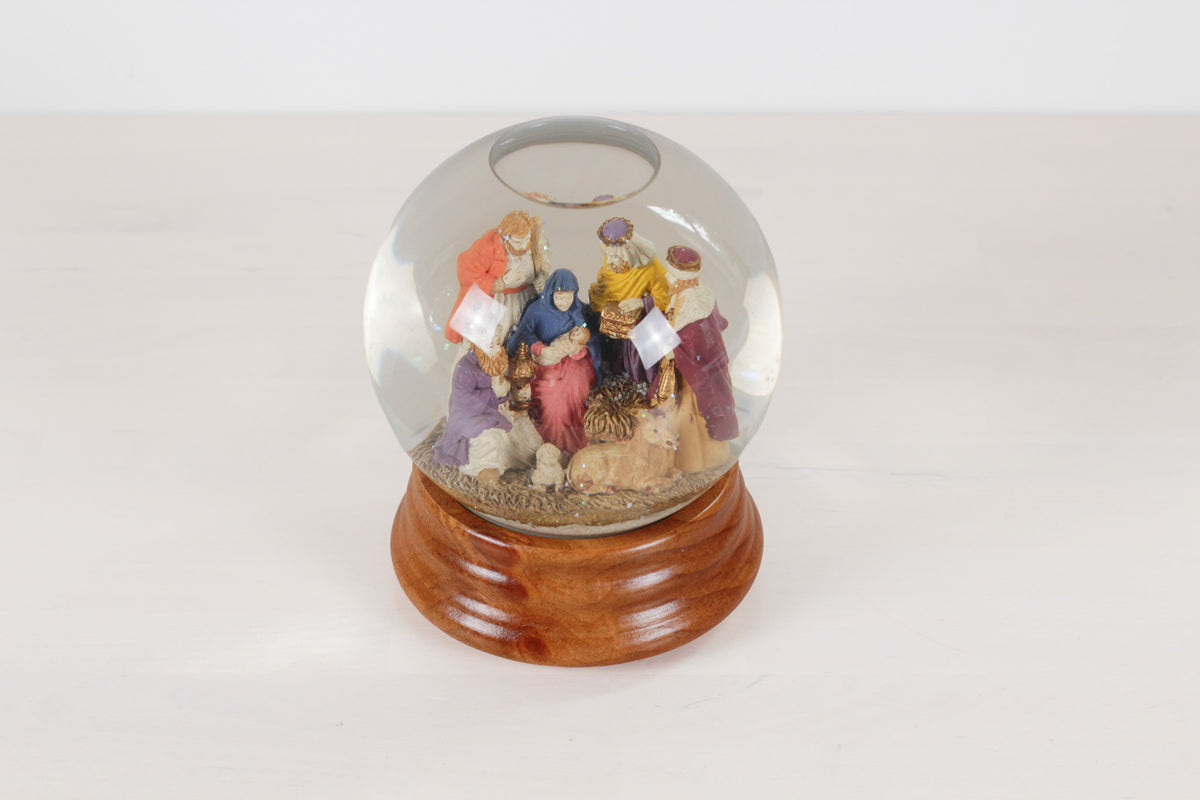 Vintage Nativity Musical Snow Globe on Wooden Base | Plays Silent Night