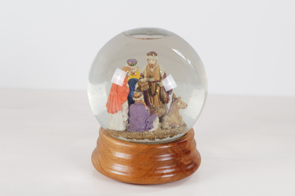 Vintage Nativity Musical Snow Globe on Wooden Base | Plays Silent Night
