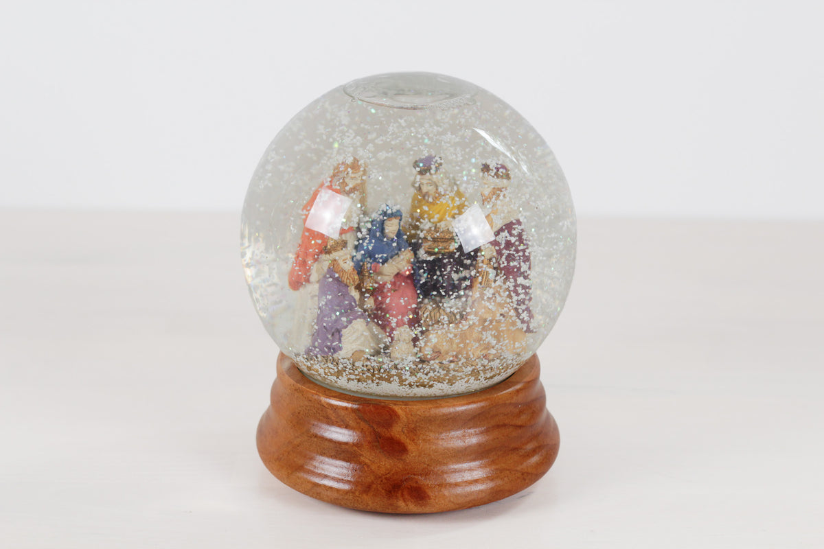 Vintage Nativity Musical Snow Globe on Wooden Base | Plays Silent Night