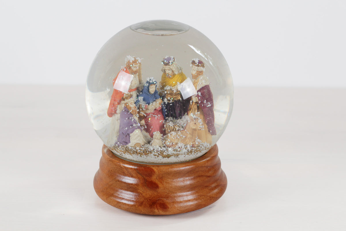 Vintage Nativity Musical Snow Globe on Wooden Base | Plays Silent Night