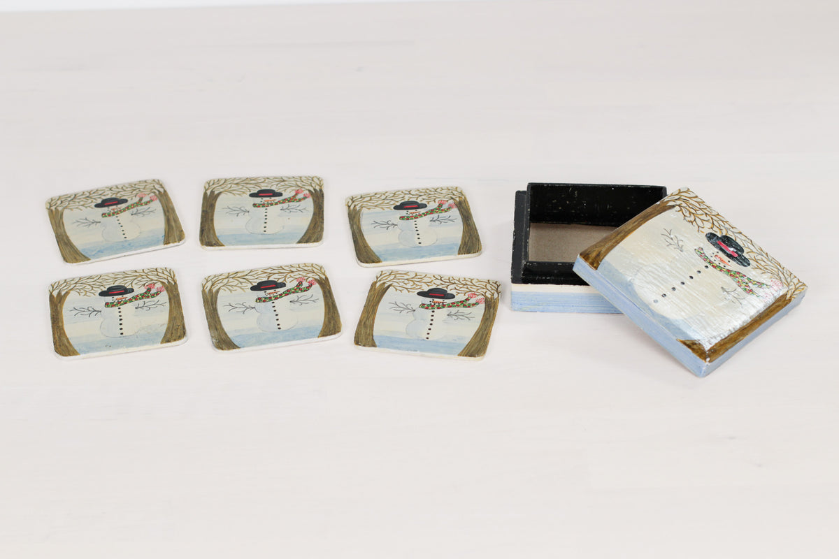 Vintage Snowman Coasters in Matching Storage Box