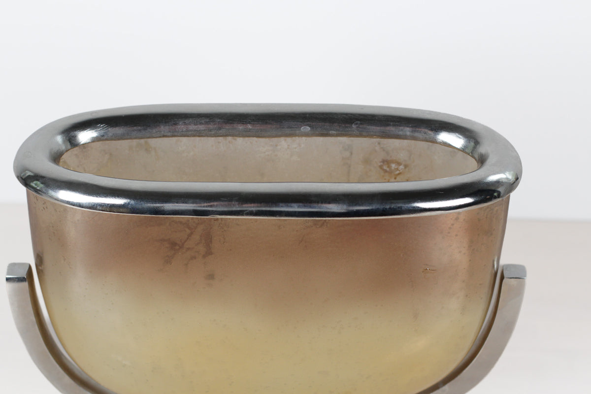 Vintage Modernist Smoked Gold Glass and Chrome Jardinière
