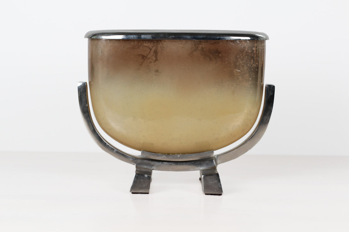 Vintage Modernist Smoked Gold Glass and Chrome Jardinière