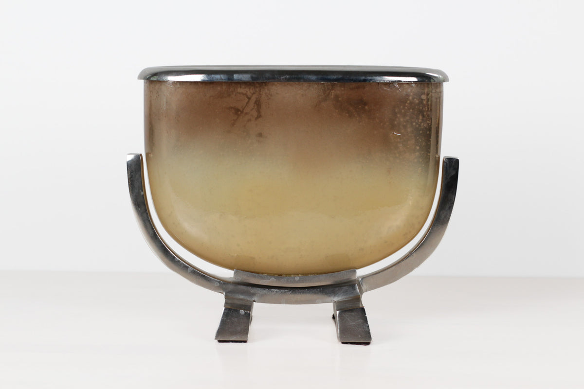 Vintage Modernist Smoked Gold Glass and Chrome Jardinière