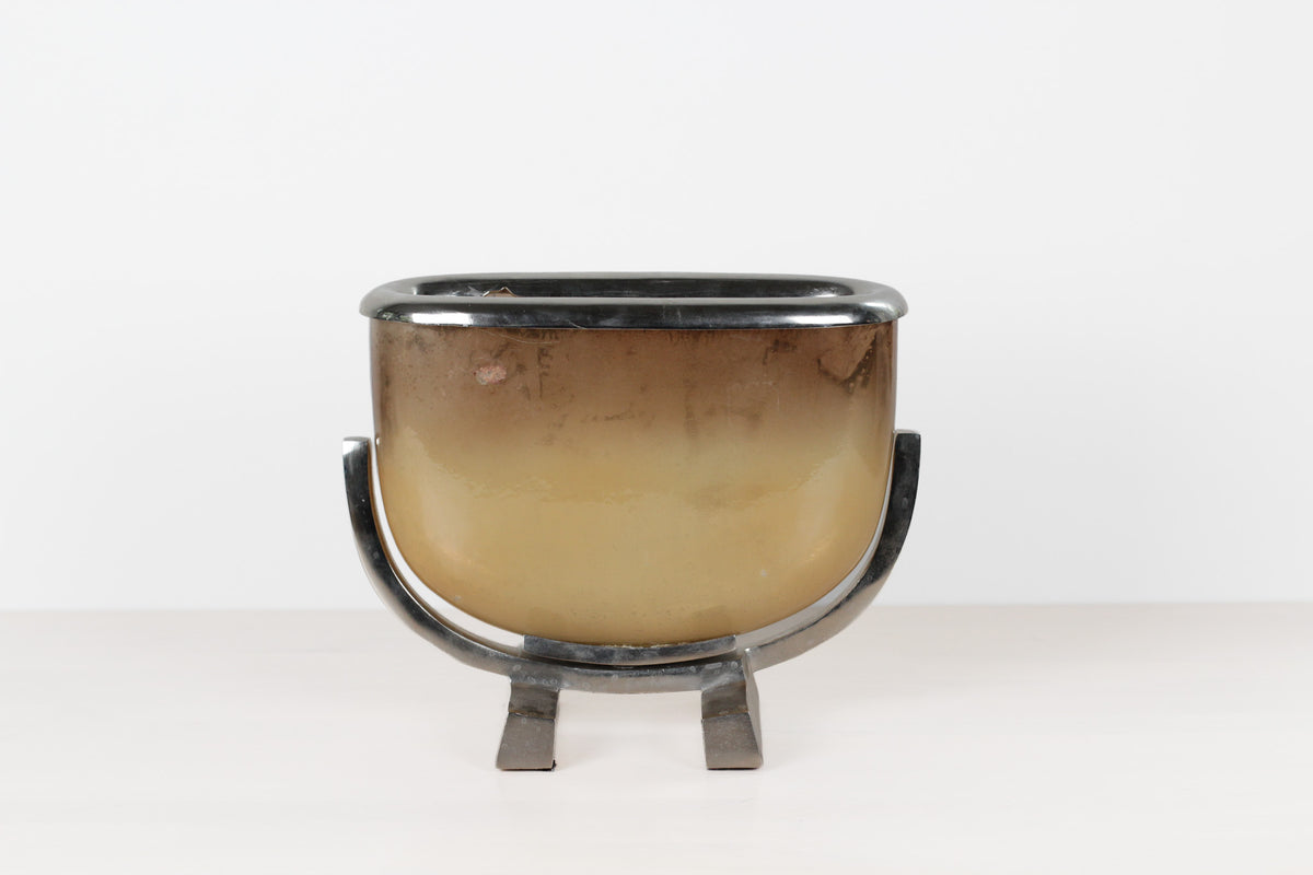 Vintage Modernist Smoked Gold Glass and Chrome Jardinière