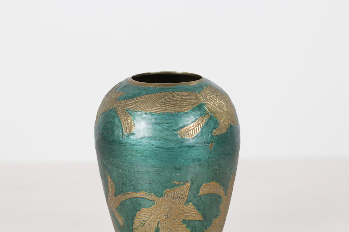 Vintage Green Enameled Brass Vase