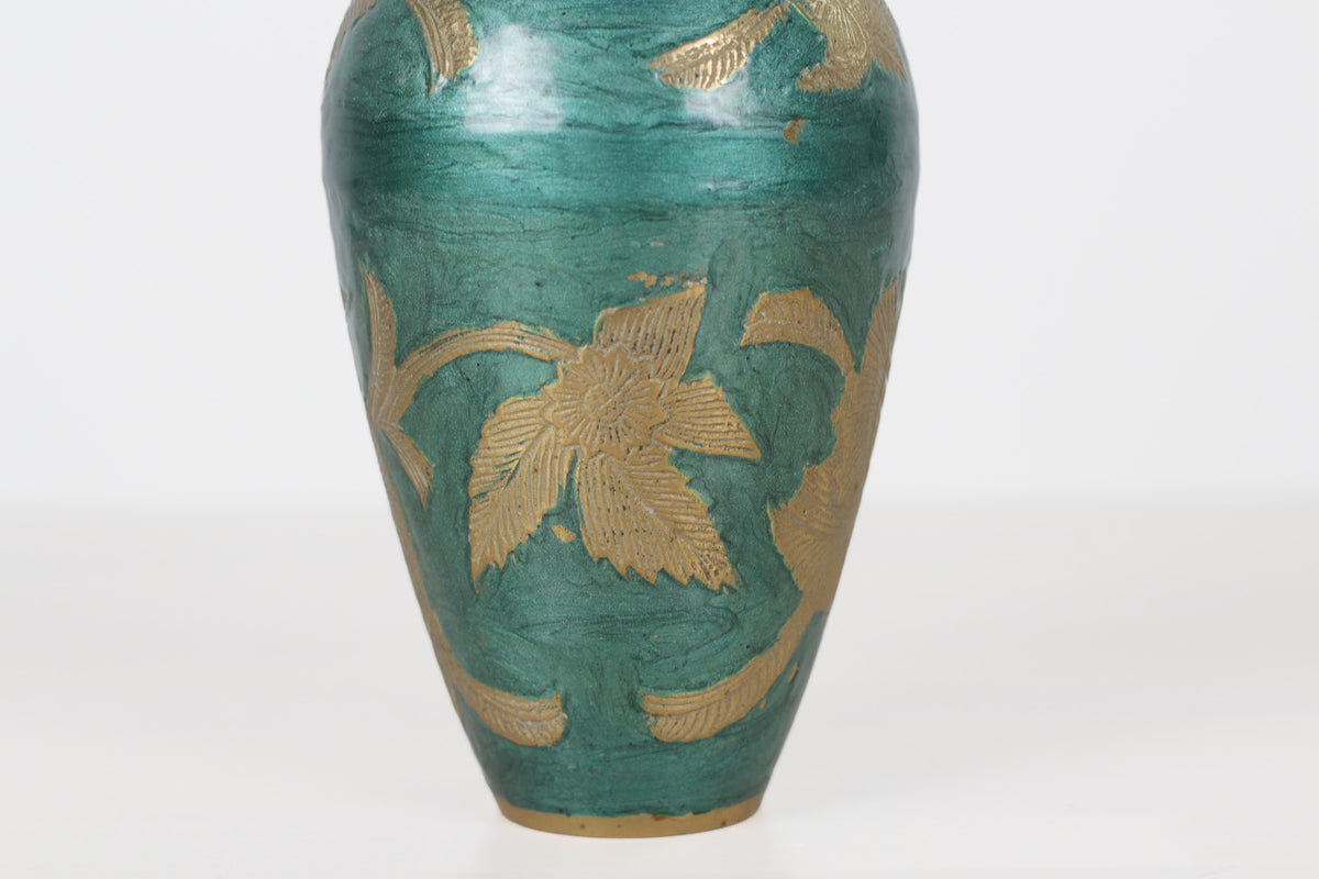 Vintage Green Enameled Brass Vase