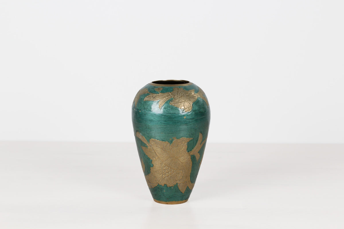 Vintage Green Enameled Brass Vase