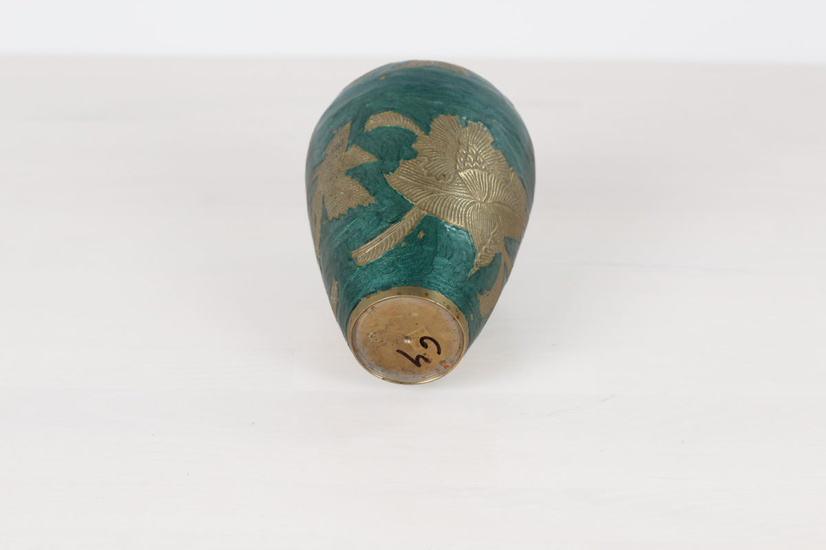 Vintage Green Enameled Brass Vase