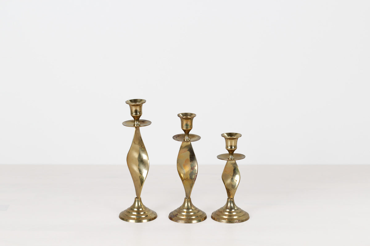 Vintage Twisted Brass Candlestick Holders, Set of 3