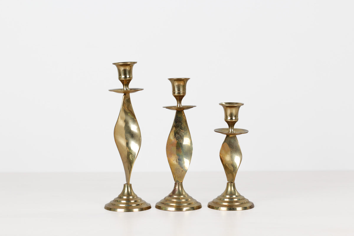 Vintage Twisted Brass Candlestick Holders, Set of 3