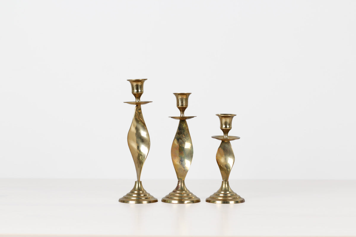 Vintage Twisted Brass Candlestick Holders, Set of 3