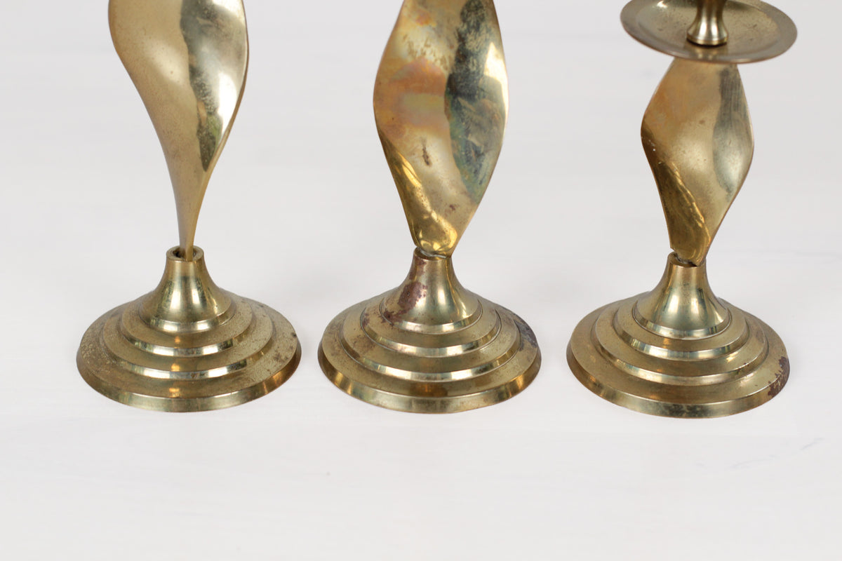 Vintage Twisted Brass Candlestick Holders, Set of 3