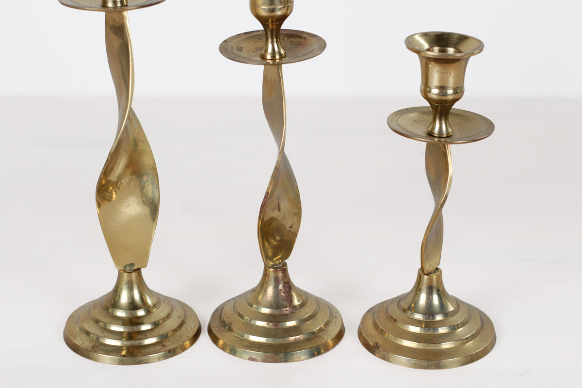 Vintage Twisted Brass Candlestick Holders, Set of 3