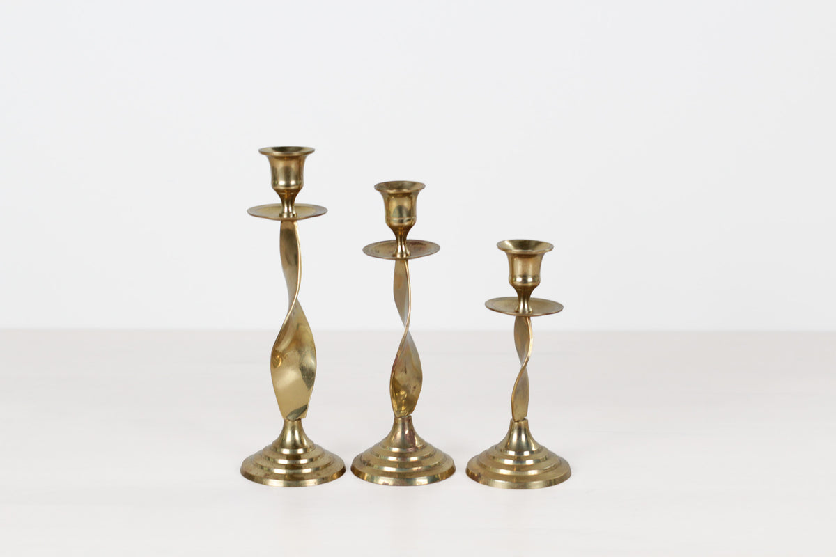 Vintage Twisted Brass Candlestick Holders, Set of 3