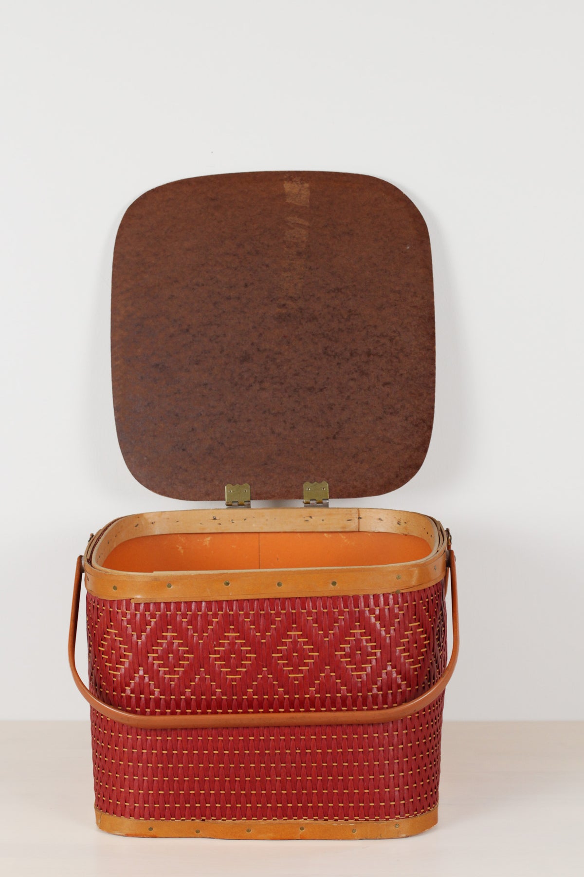 Vintage Mid-Century Red Woven Picnic Basket