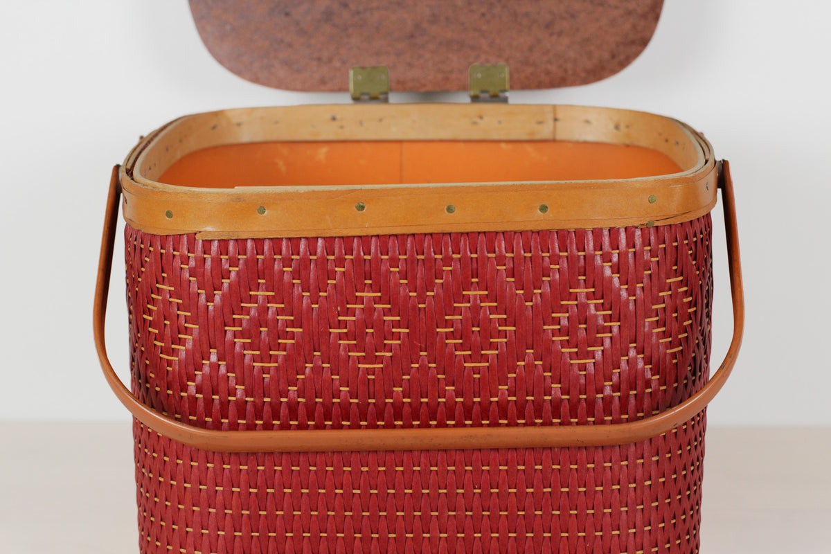 Vintage Mid-Century Red Woven Picnic Basket