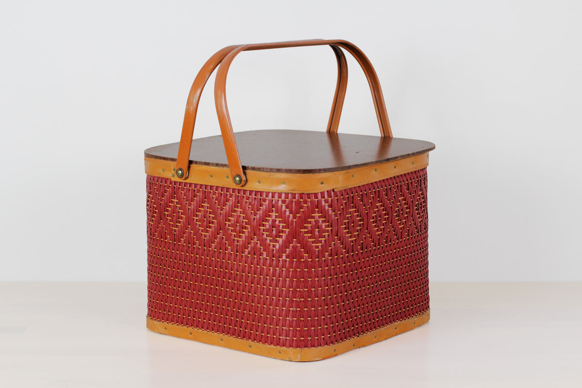 Vintage Mid-Century Red Woven Picnic Basket