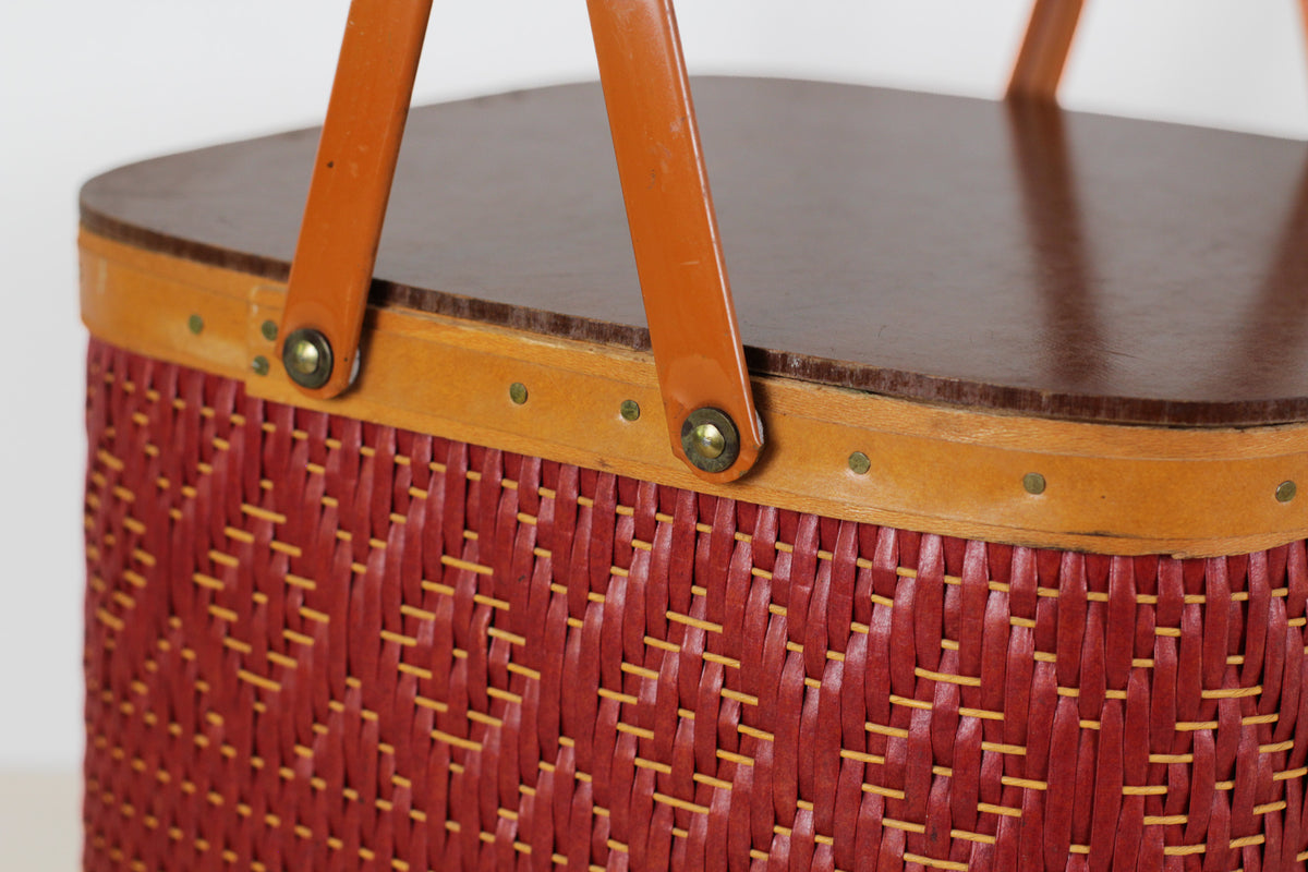 Vintage Mid-Century Red Woven Picnic Basket
