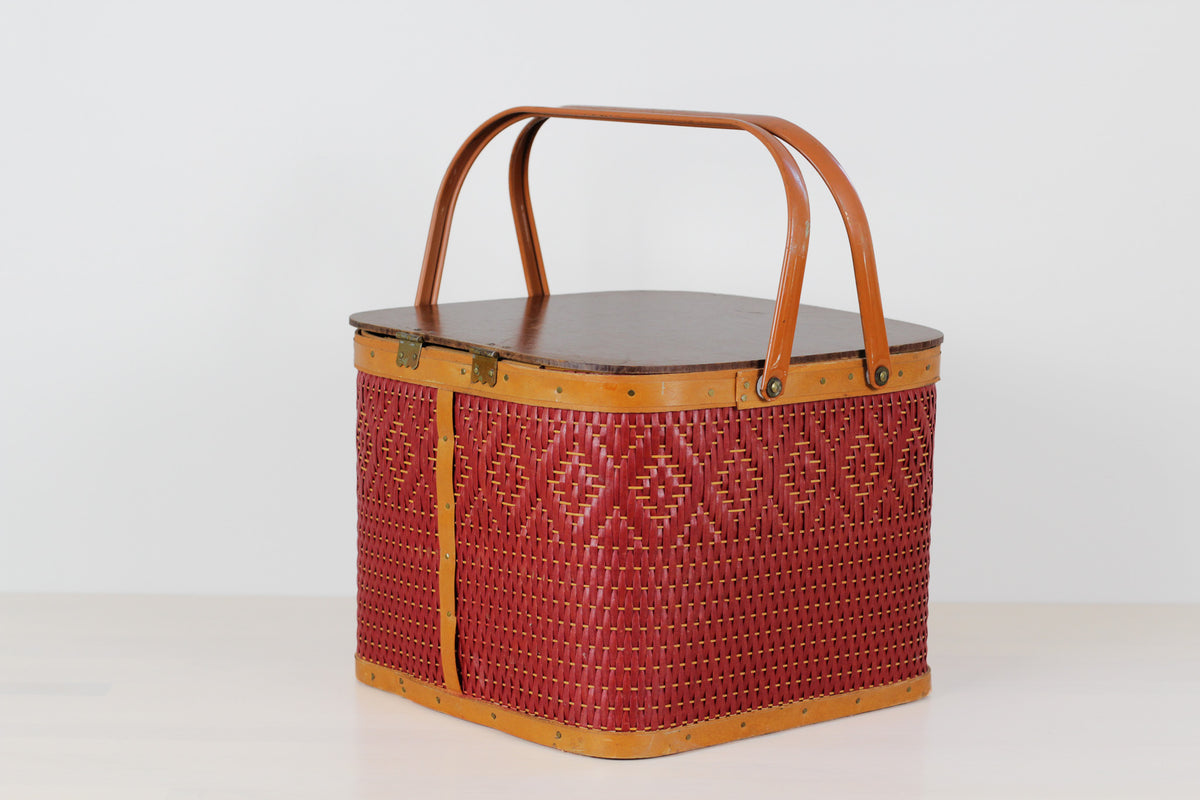 Vintage Mid-Century Red Woven Picnic Basket