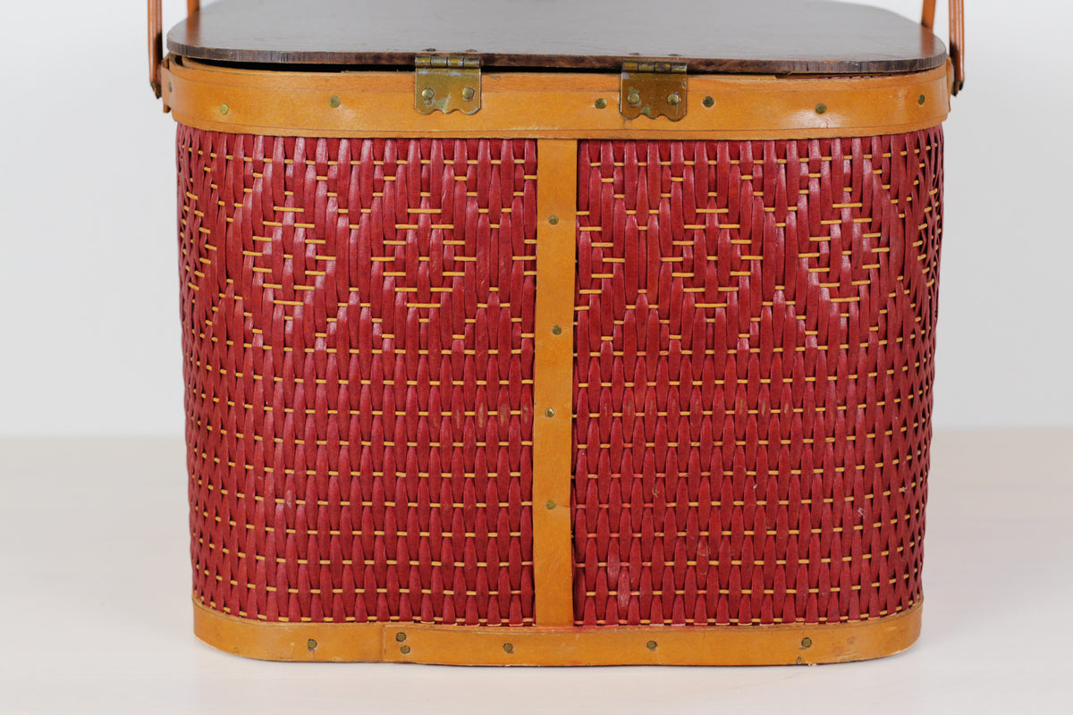 Vintage Mid-Century Red Woven Picnic Basket