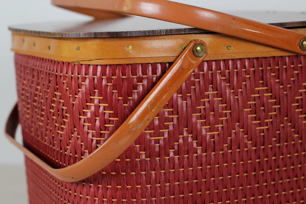Vintage Mid-Century Red Woven Picnic Basket