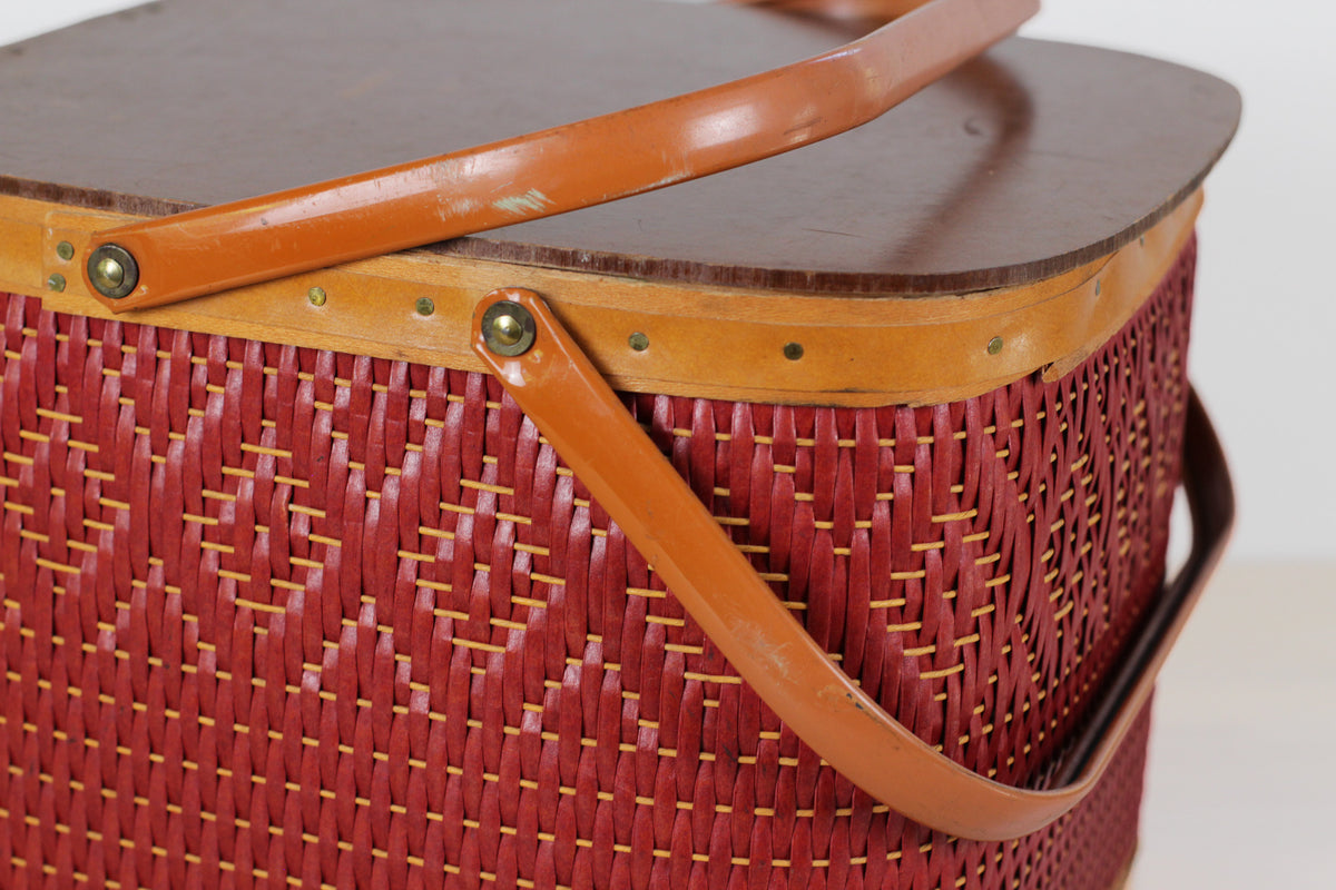 Vintage Mid-Century Red Woven Picnic Basket
