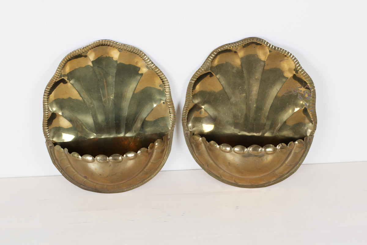 Pair of Vintage Brass Shell Wall Pockets