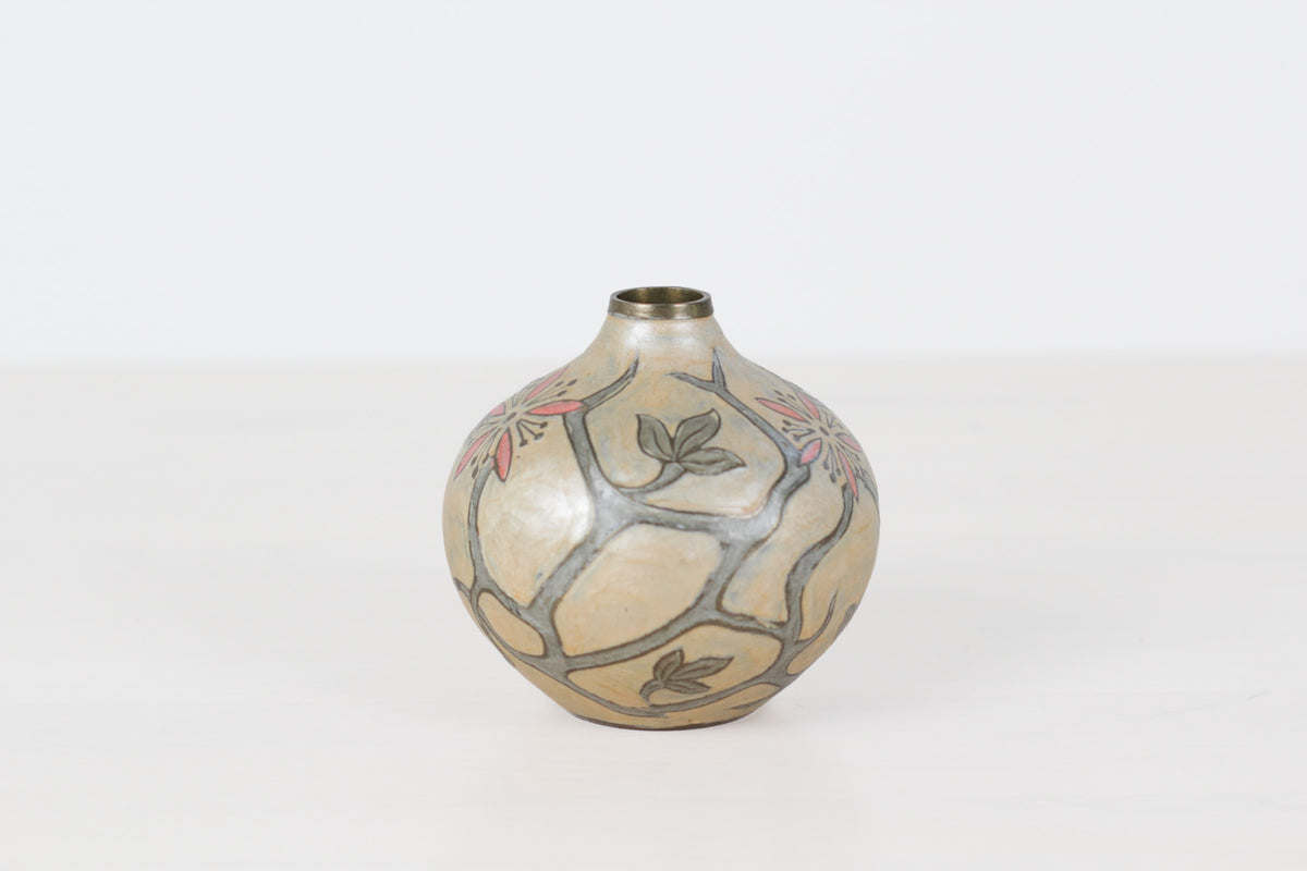 Vintage Floral Enameled Brass Bud Vase